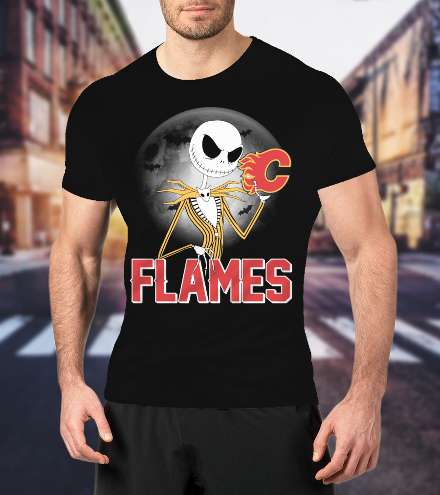 Jack Skellington Flames Halloween Calgary Hockey Crossover T-Shirt