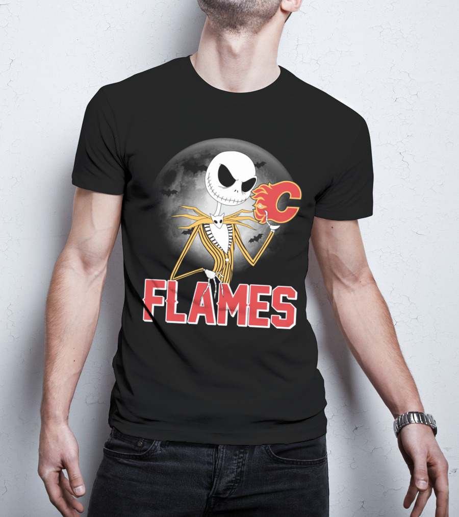 Jack Skellington Flames Halloween Calgary Hockey Crossover T-Shirt