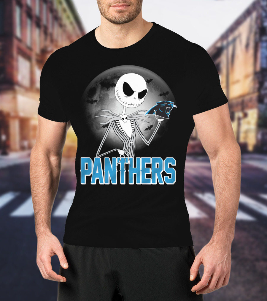 Jack Skellington Panthers Halloween Carolina Panthers Logo Moon Bats T-Shirt