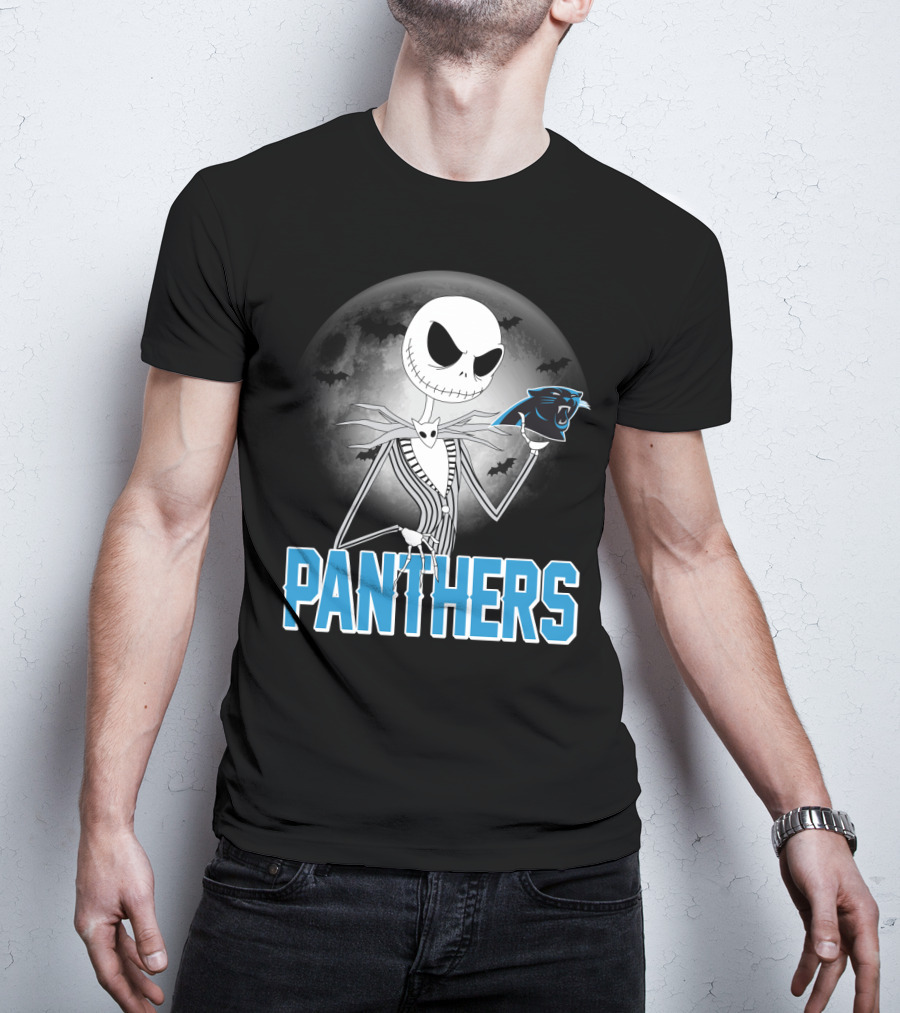 Jack Skellington Panthers Halloween Carolina Panthers Logo Moon Bats T-Shirt