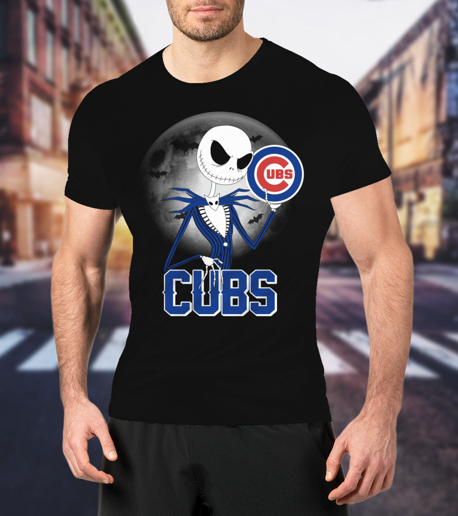 Jack Skellington Halloween Cubs Logo Fans With Full Moon And Bats T-Shirt