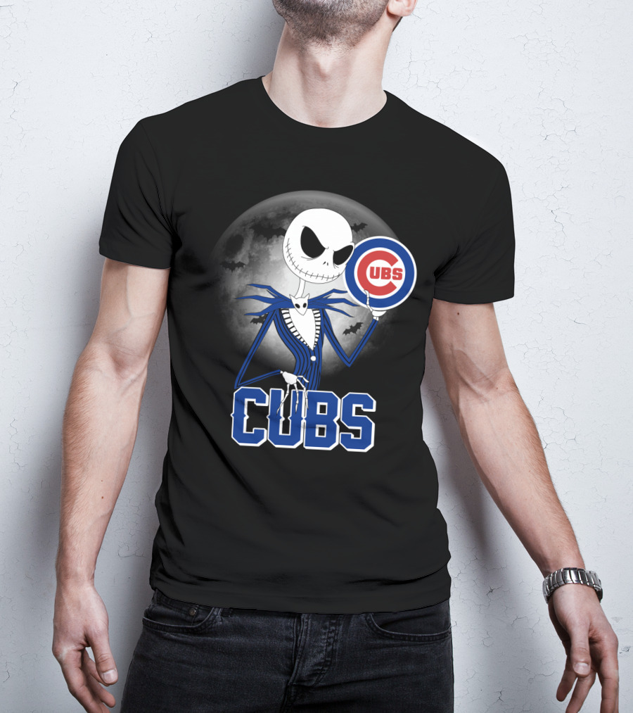 Jack Skellington Halloween Cubs Logo Fans With Full Moon And Bats T-Shirt