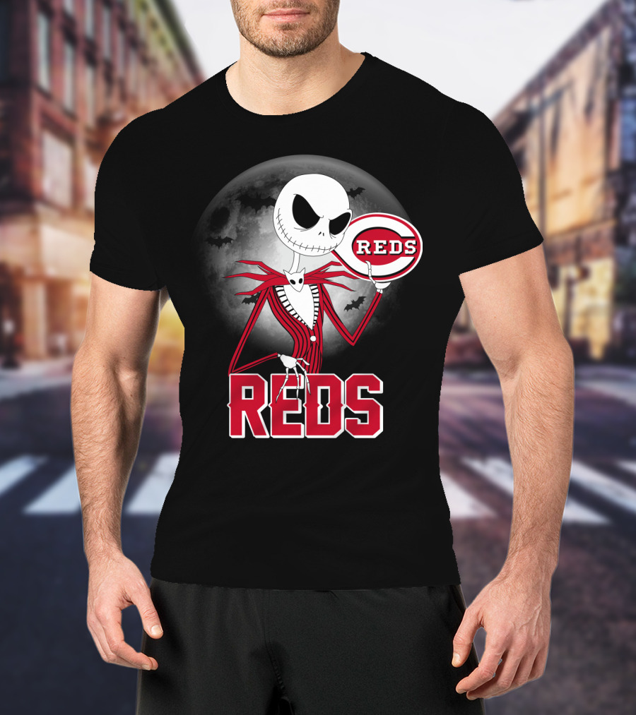 Jack Skellington With Cincinnati Reds Logo Halloween T-Shirt