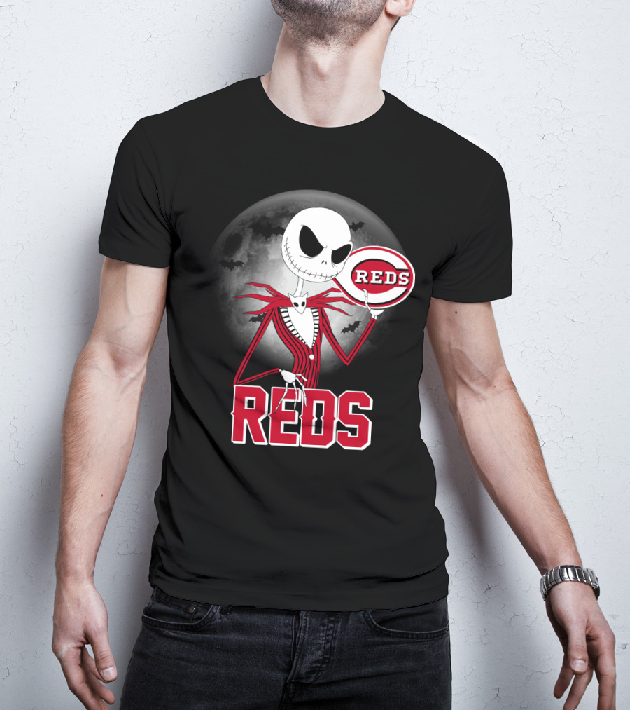 Jack Skellington With Cincinnati Reds Logo Halloween T-Shirt