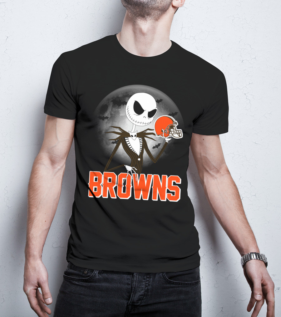 Jack Skellington Holding Cleveland Browns Helmet Halloween Moon T-Shirt