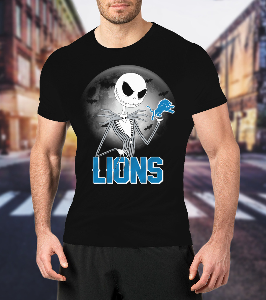 Jack Skellington Detroit Lions Halloween Night Full Moon Bats T-Shirt
