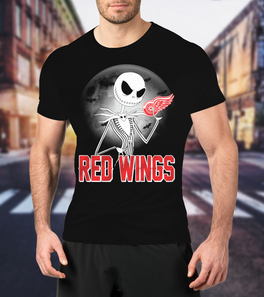 Jack Skellington Holding Detroit Red Wings Symbol In Halloween Moonlit Scene T-Shirt