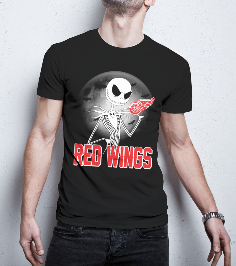 Jack Skellington Holding Detroit Red Wings Symbol In Halloween Moonlit Scene T-Shirt