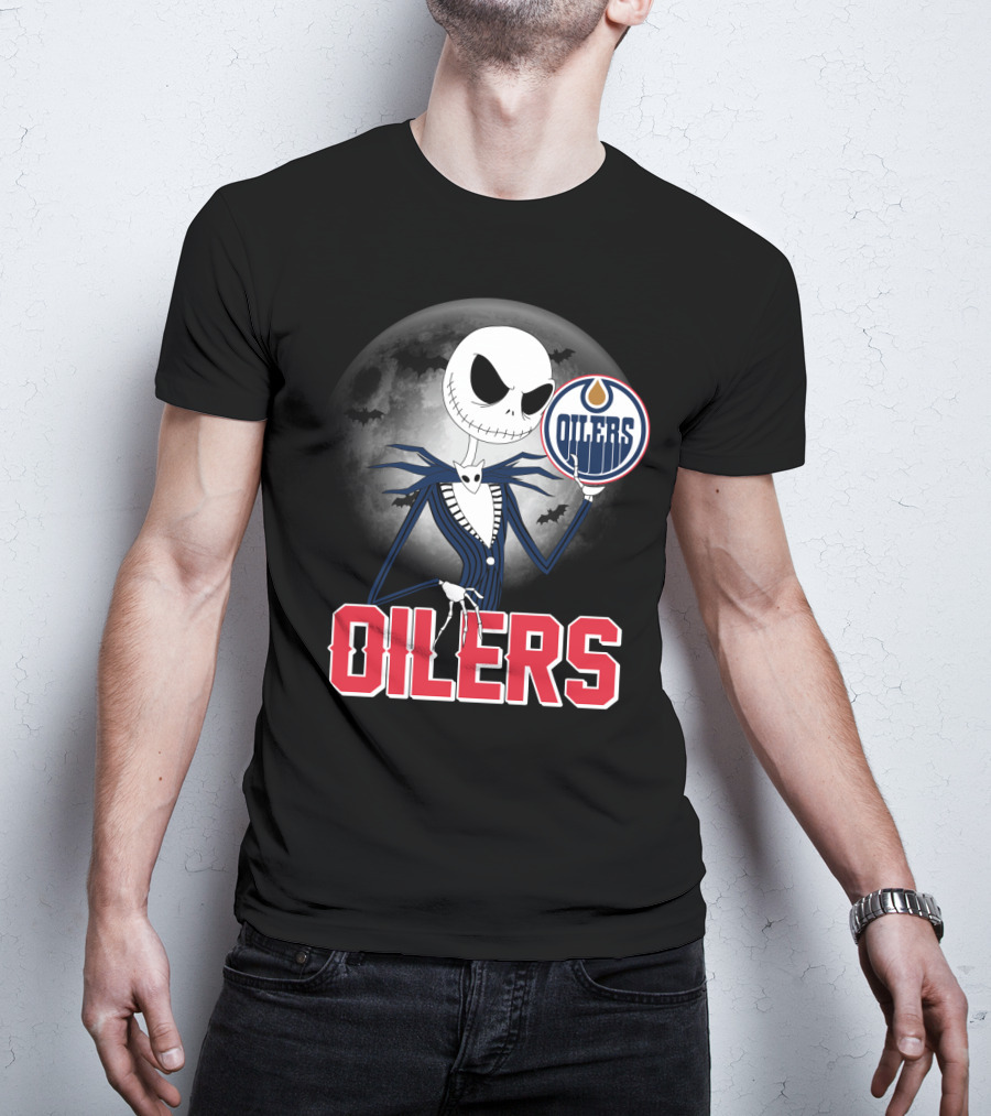 Jack Skellington Edmonton Oilers Halloween Moon Background T-Shirt