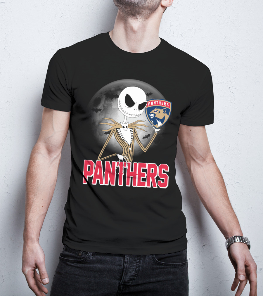 Jack Skellington Holding Florida Panthers Logo Halloween Moon Background T-Shirt