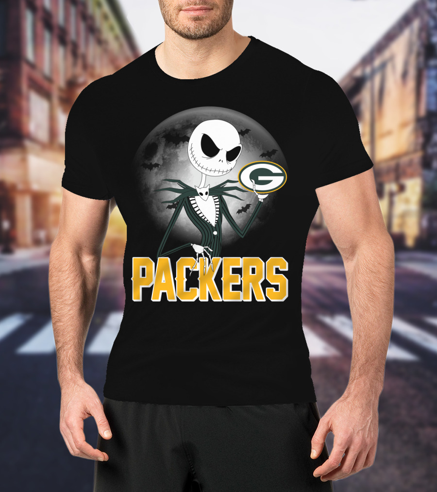 Jack Skellington Green Bay Packers Halloween Moon Bats T-Shirt