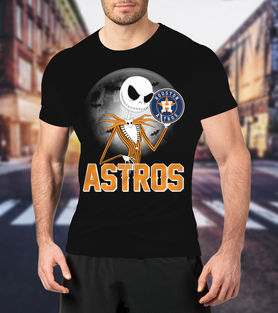 Jack Skellington Holding Houston Astros Logo With Halloween Bats T-Shirt