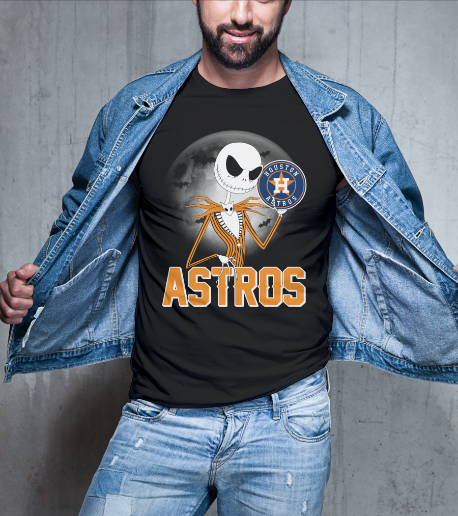Jack Skellington Holding Houston Astros Logo With Halloween Bats T-Shirt
