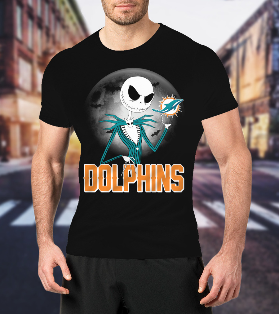 Jack Skellington Dolphins Halloween Miami Logo Moon T-Shirt