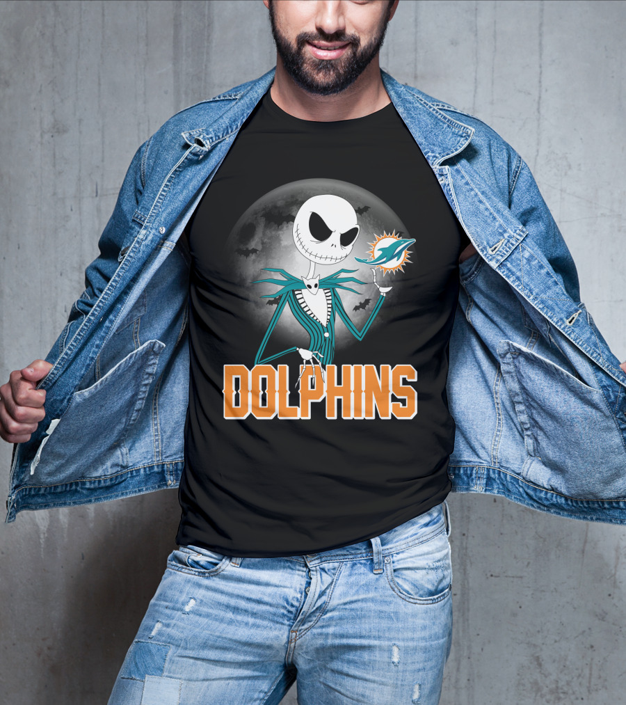 Jack Skellington Dolphins Halloween Miami Logo Moon T-Shirt