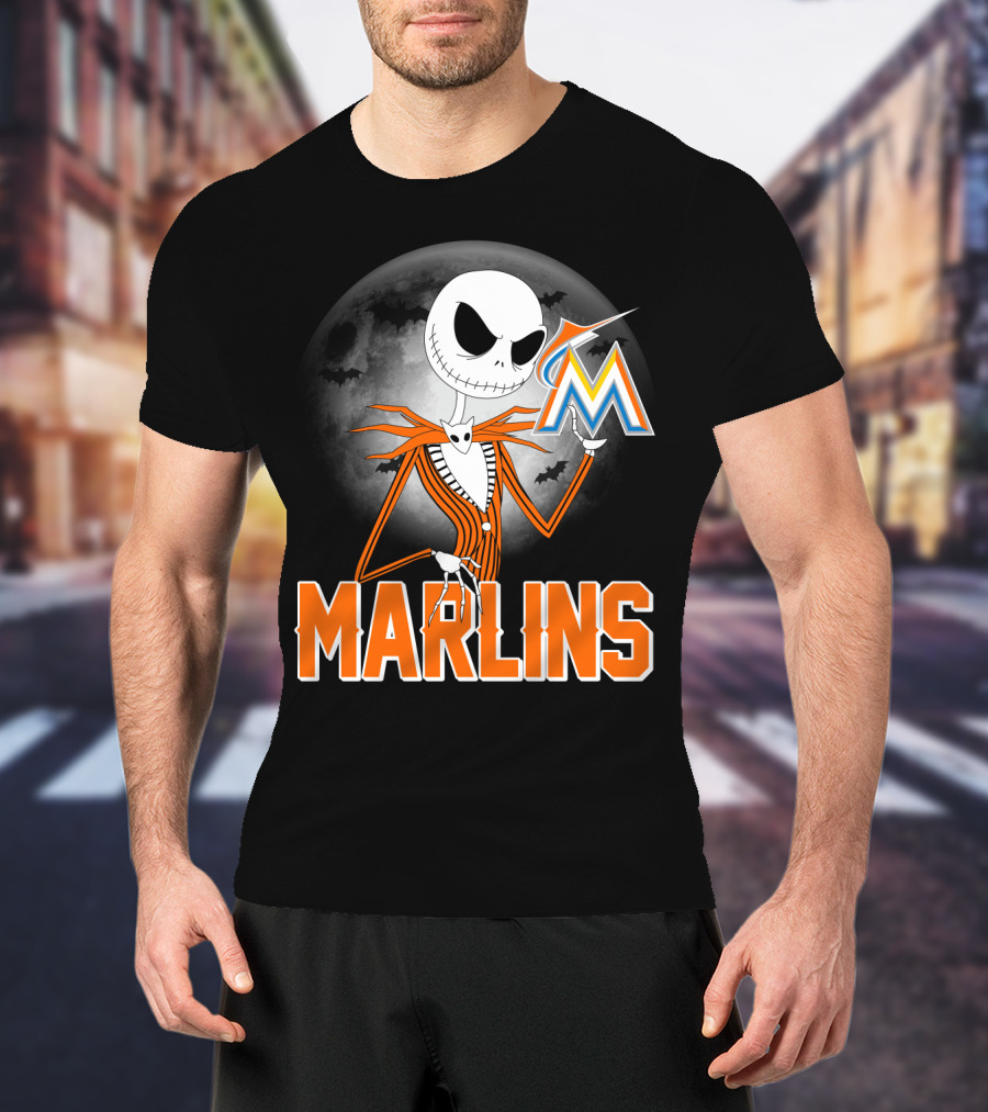 Jack Skellington Miami Marlins Halloween Moon Bat T-Shirt