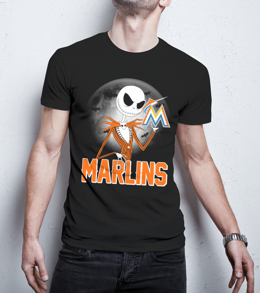 Jack Skellington Miami Marlins Halloween Moon Bat T-Shirt