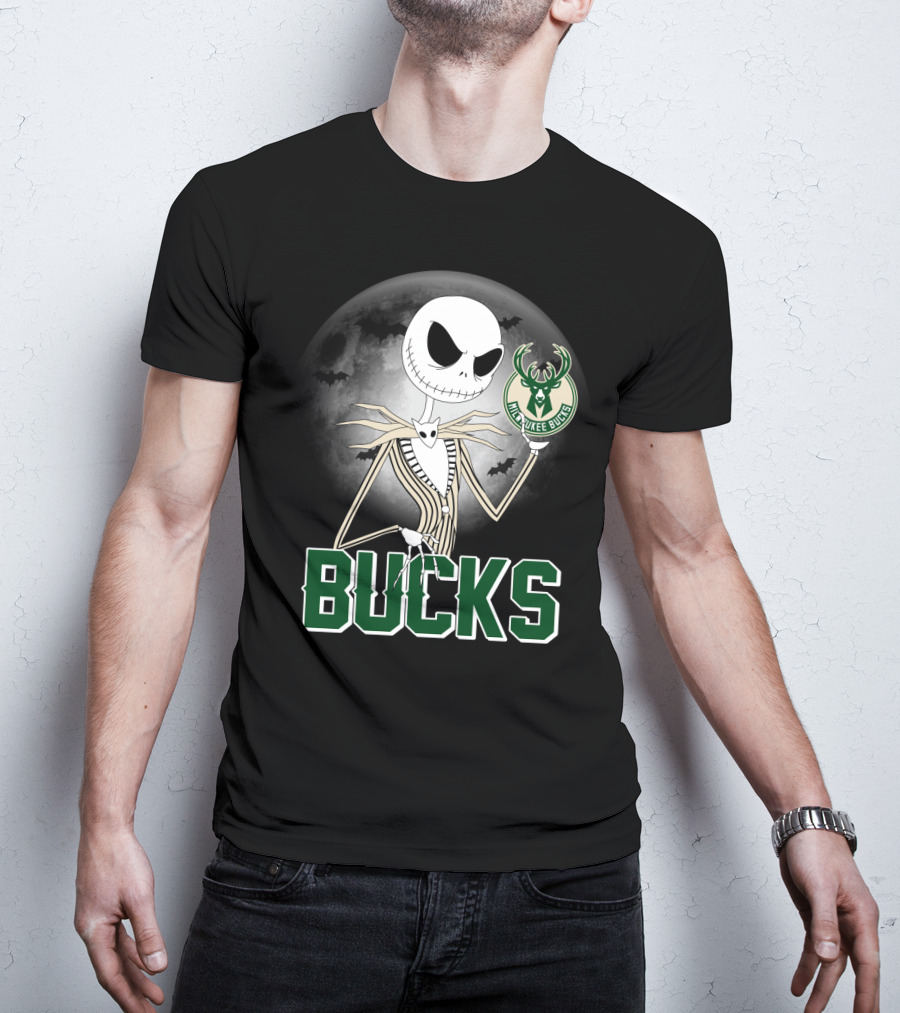 Jack Skellington Halloween Milwaukee Bucks Moon Bats T-Shirt