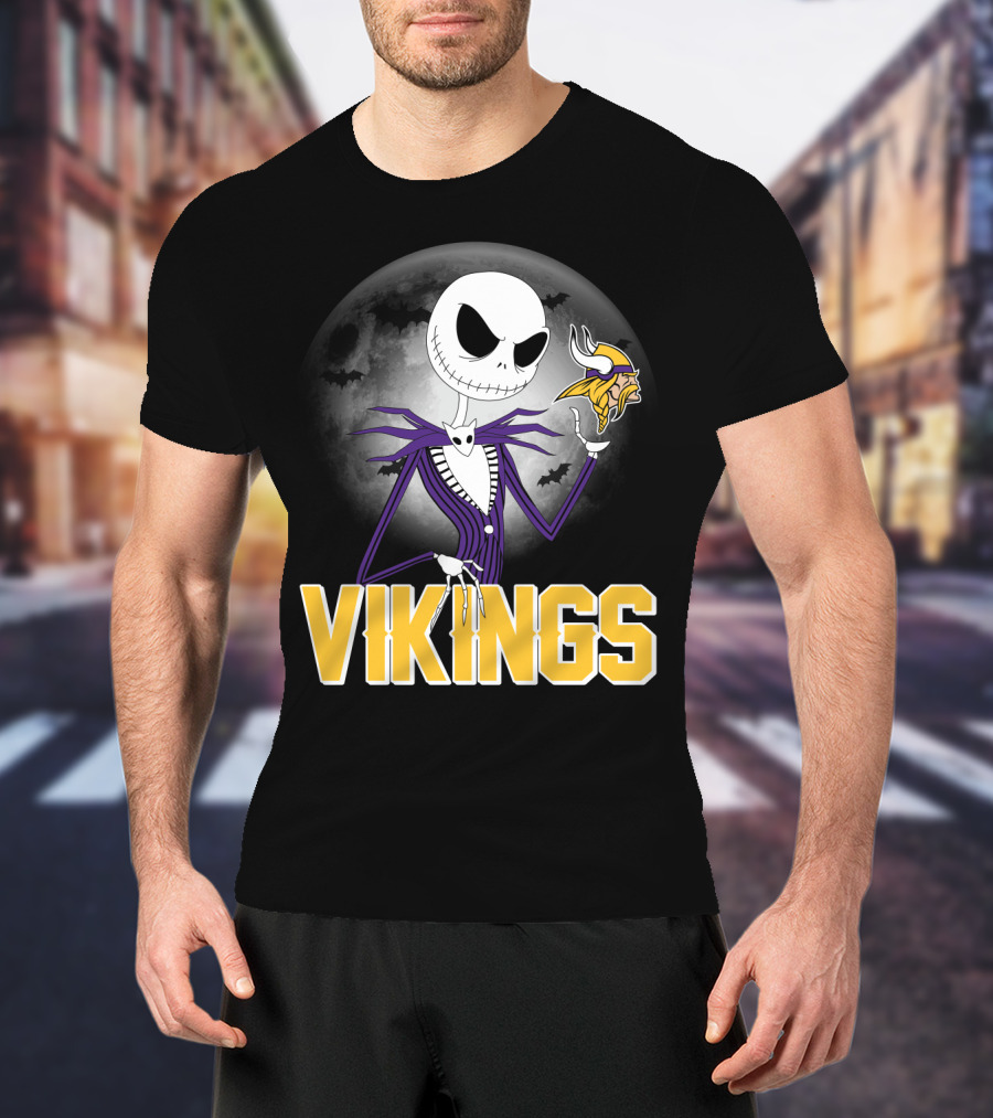 Jack Skellington Vikings Halloween Minnesota Football Theme T-Shirt