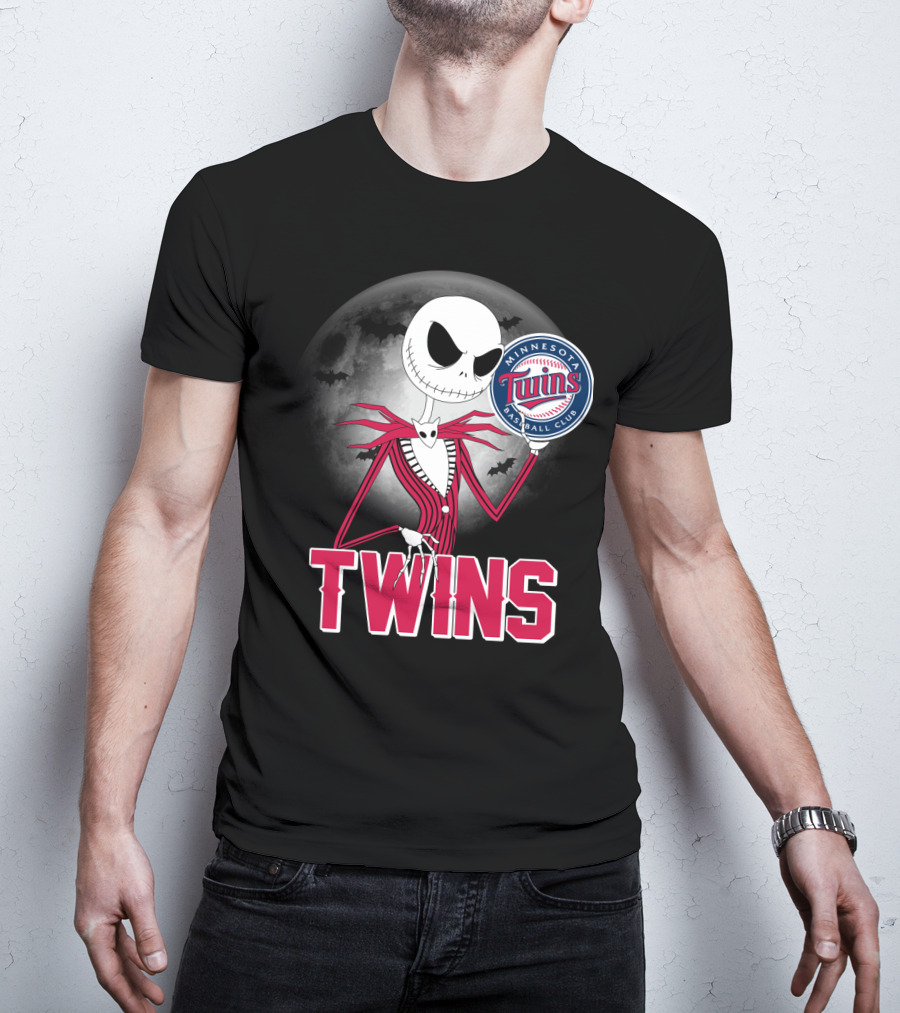 Jack Skellington Halloween Holding Minnesota Twins Baseball Club Logo With Full Moon And Bats In Background T-Shirt