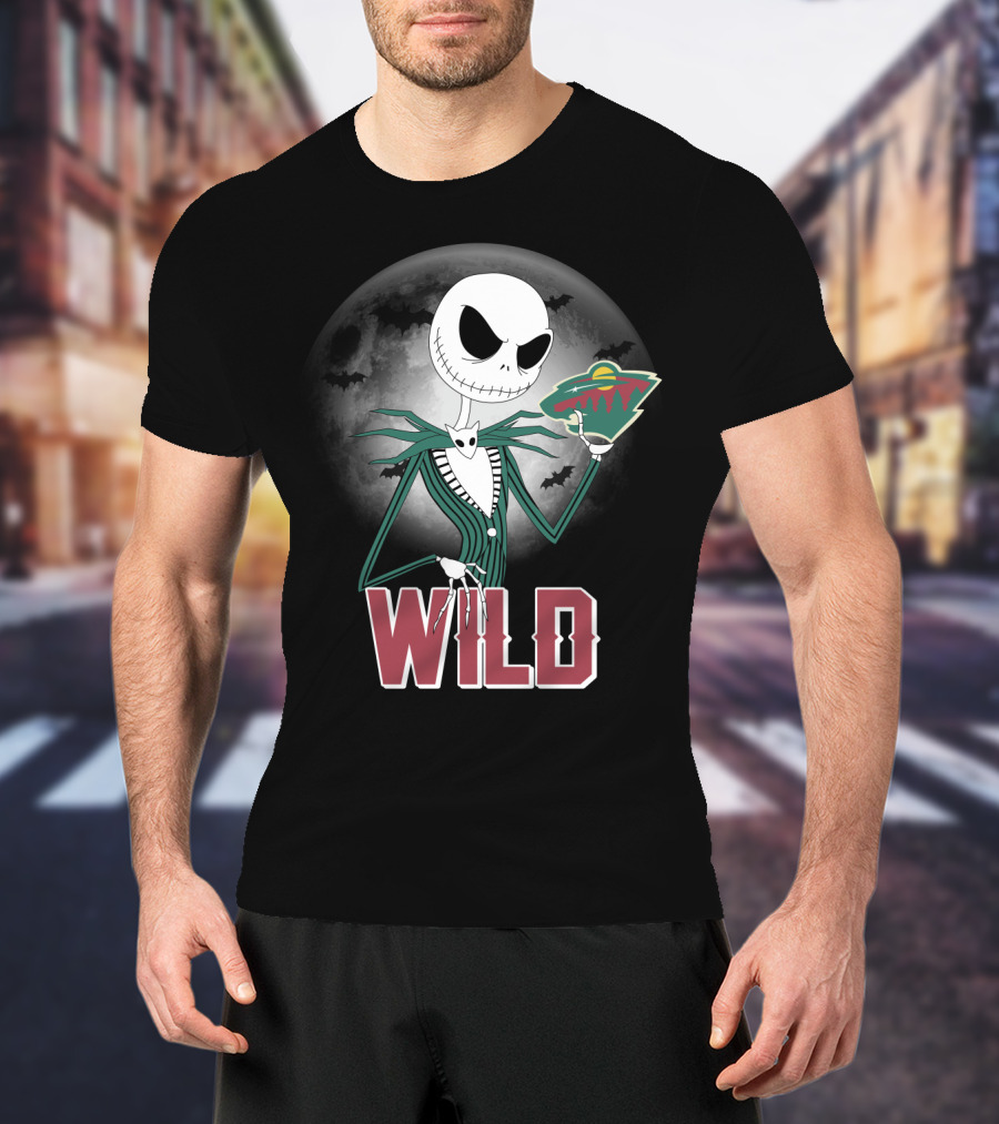 Jack Skellington Halloween Moon And Minnesota Wild Logo Spooky T-Shirt