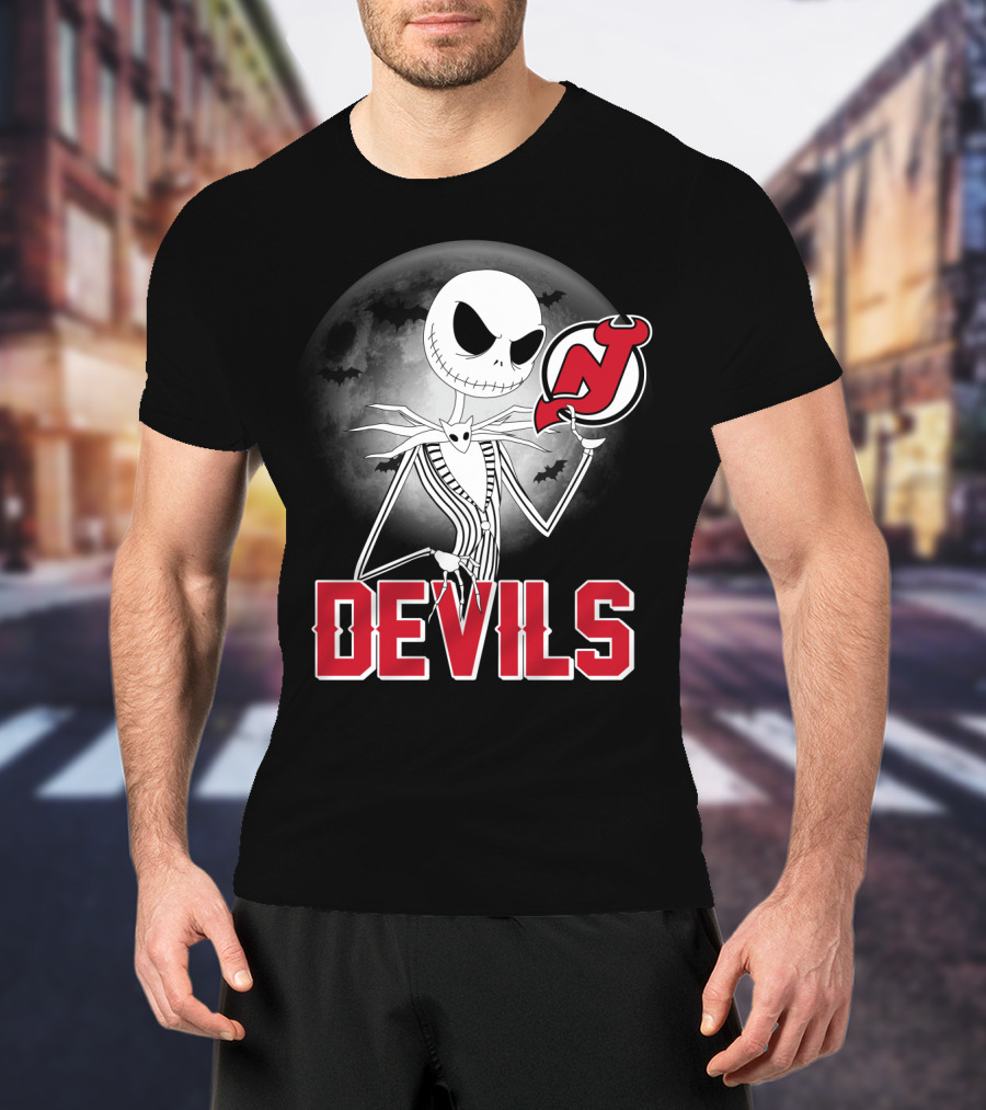 Jack Skellington Halloween Meets New Jersey Devils Moonlit Night T-Shirt