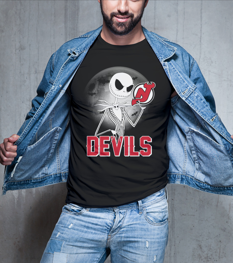 Jack Skellington Halloween Meets New Jersey Devils Moonlit Night T-Shirt