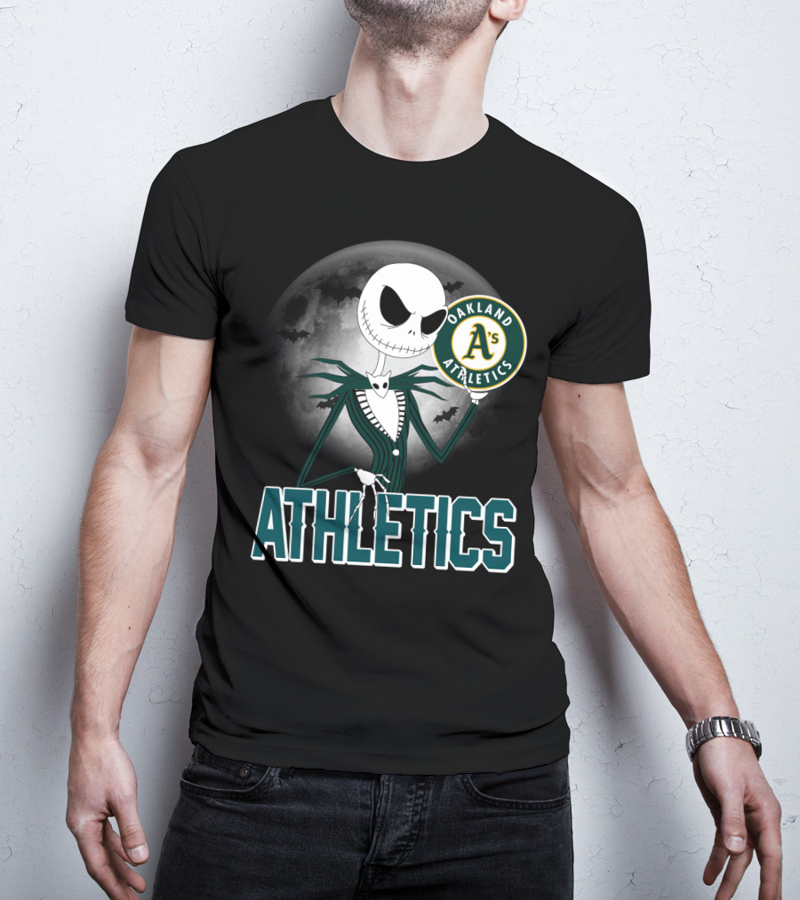 Jack Skellington Holding Oakland Athletics Logo With Halloween Moon And Bats T-Shirt