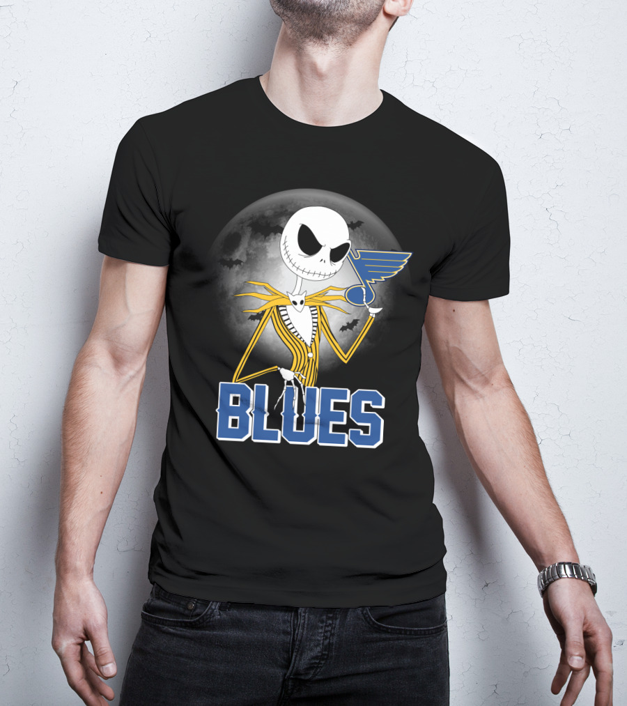 Jack Skellington Holding St. Louis Blues Logo With Halloween Moon Background T-Shirt