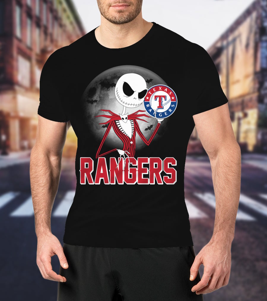 Jack Skellington Halloween Texas Rangers Baseball Moon T-Shirt