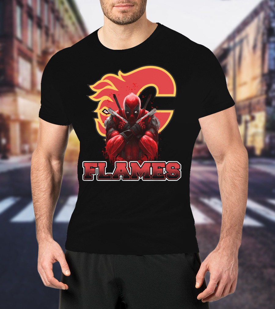Deadpool Calgary Flames Crossover Fan Tribute T-Shirt