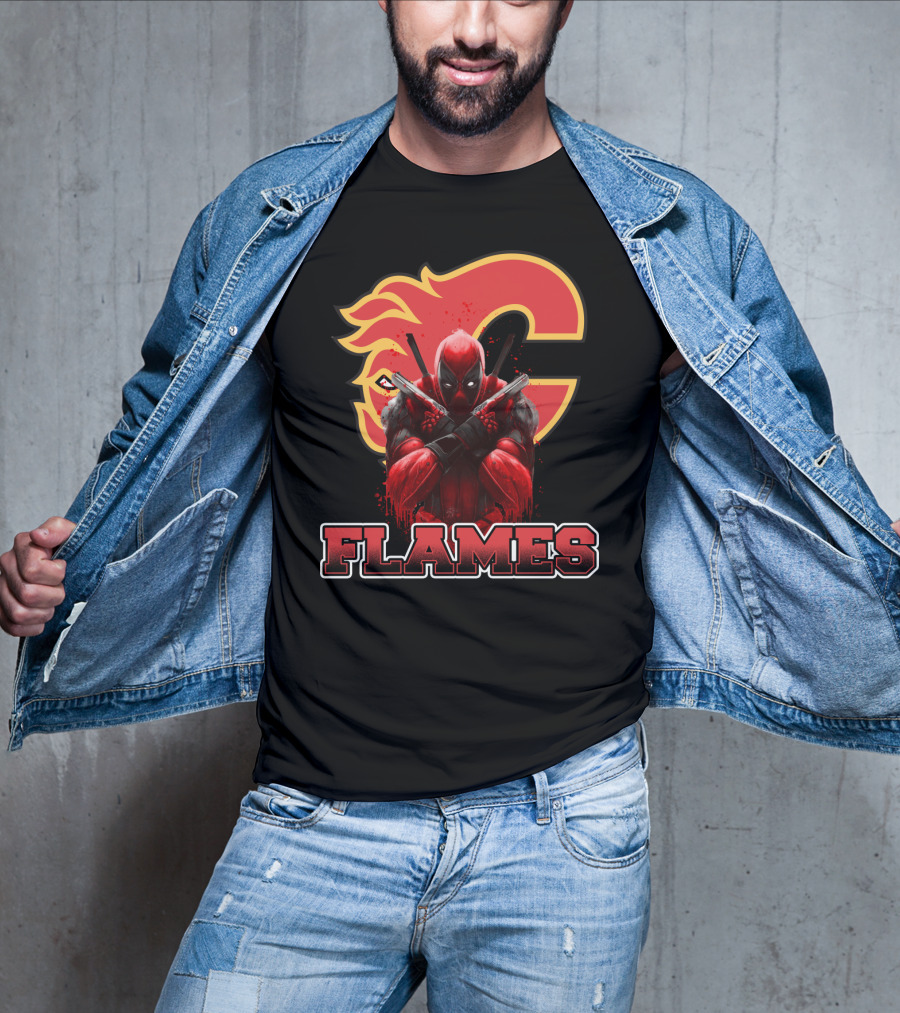 Deadpool Calgary Flames Crossover Fan Tribute T-Shirt