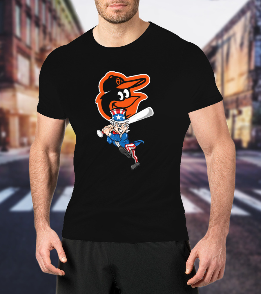 Uncle Sam Swinging Baseball Bat With Baltimore Orioles Logo For 4Th Of July Celebration T-Shirt