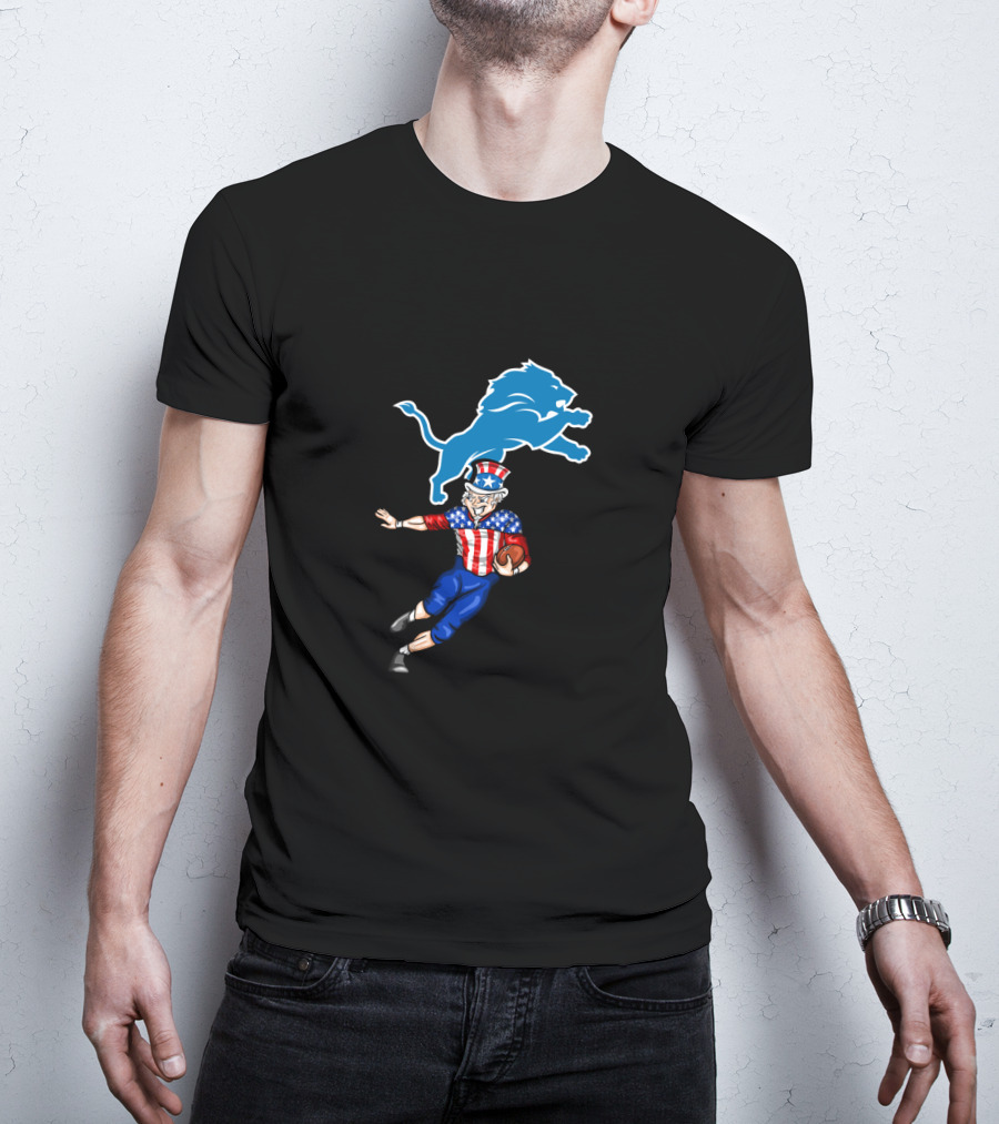 Uncle Sam Football Run With Detroit Lions For 4Th Of July Celebration T-Shirt