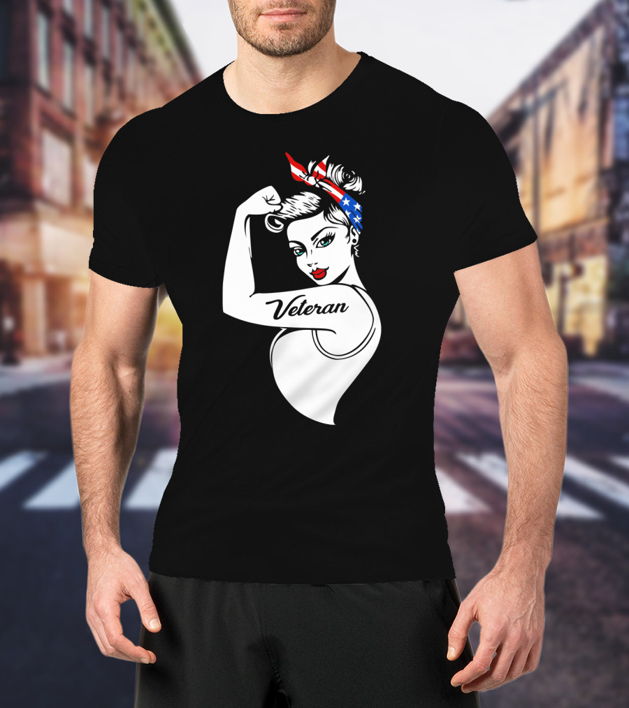 Veteran Strong Woman With Patriotic Headband Rosie The Riveter Style T-Shirt