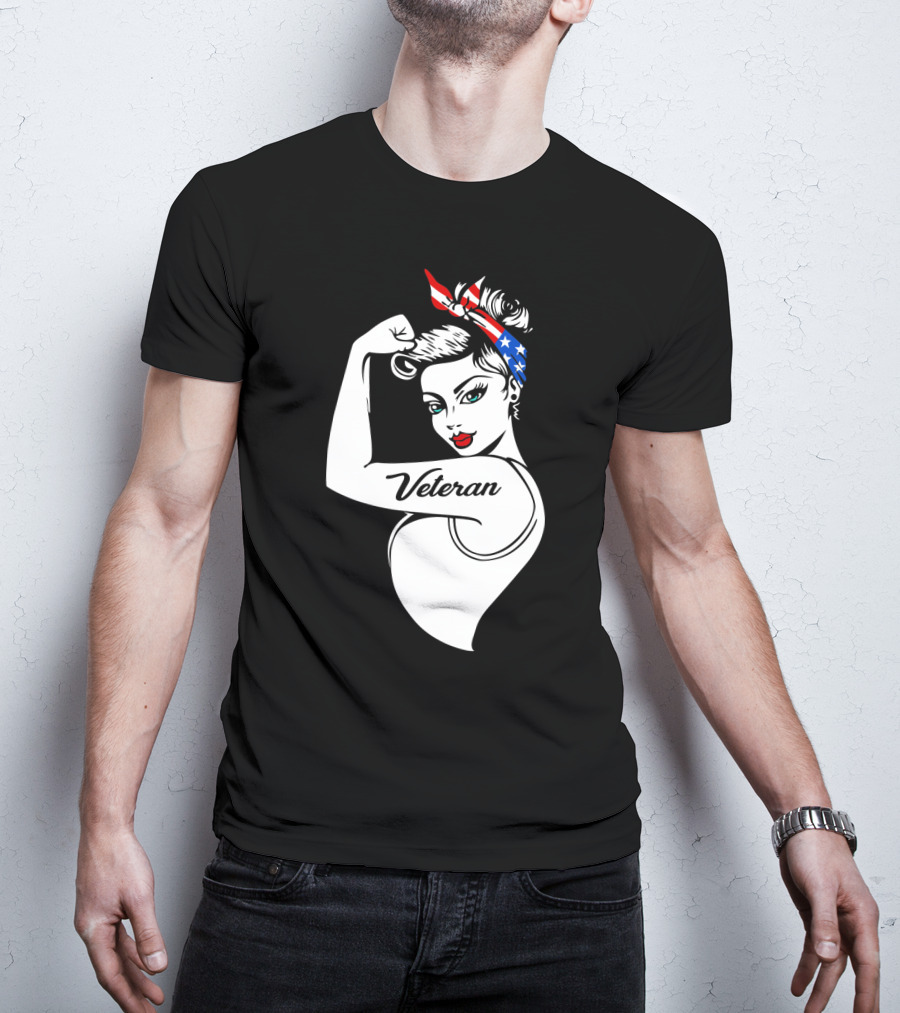 Veteran Strong Woman With Patriotic Headband Rosie The Riveter Style T-Shirt