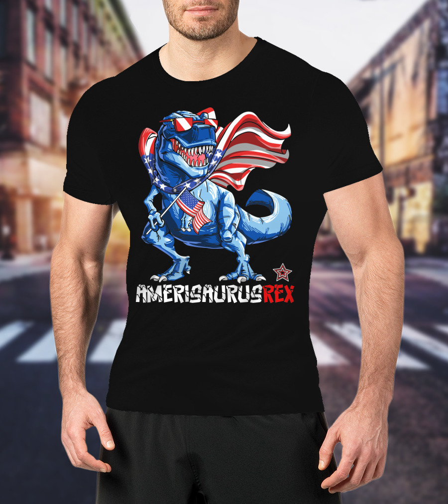 Amerisaurus Rex Dinosaur With Usa Flag And Star Sunglasses For Patriotic 4Th Of July T-Shirt