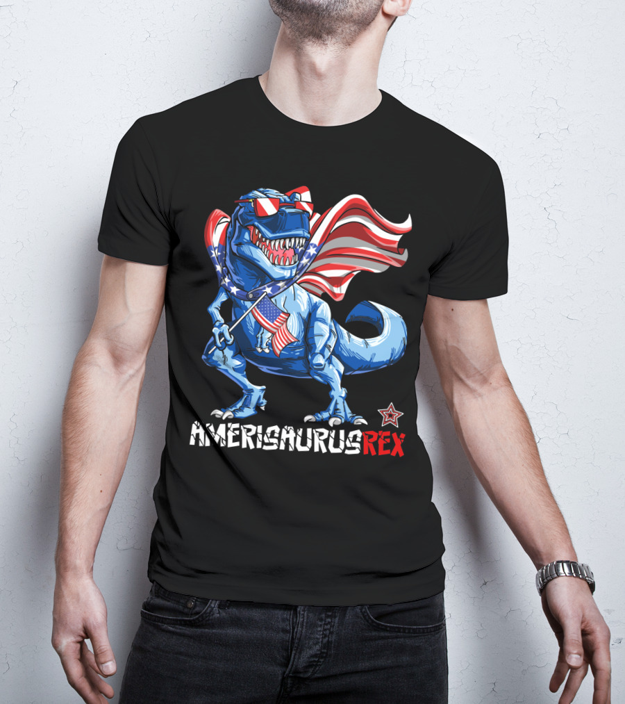 Amerisaurus Rex Dinosaur With Usa Flag And Star Sunglasses For Patriotic 4Th Of July T-Shirt