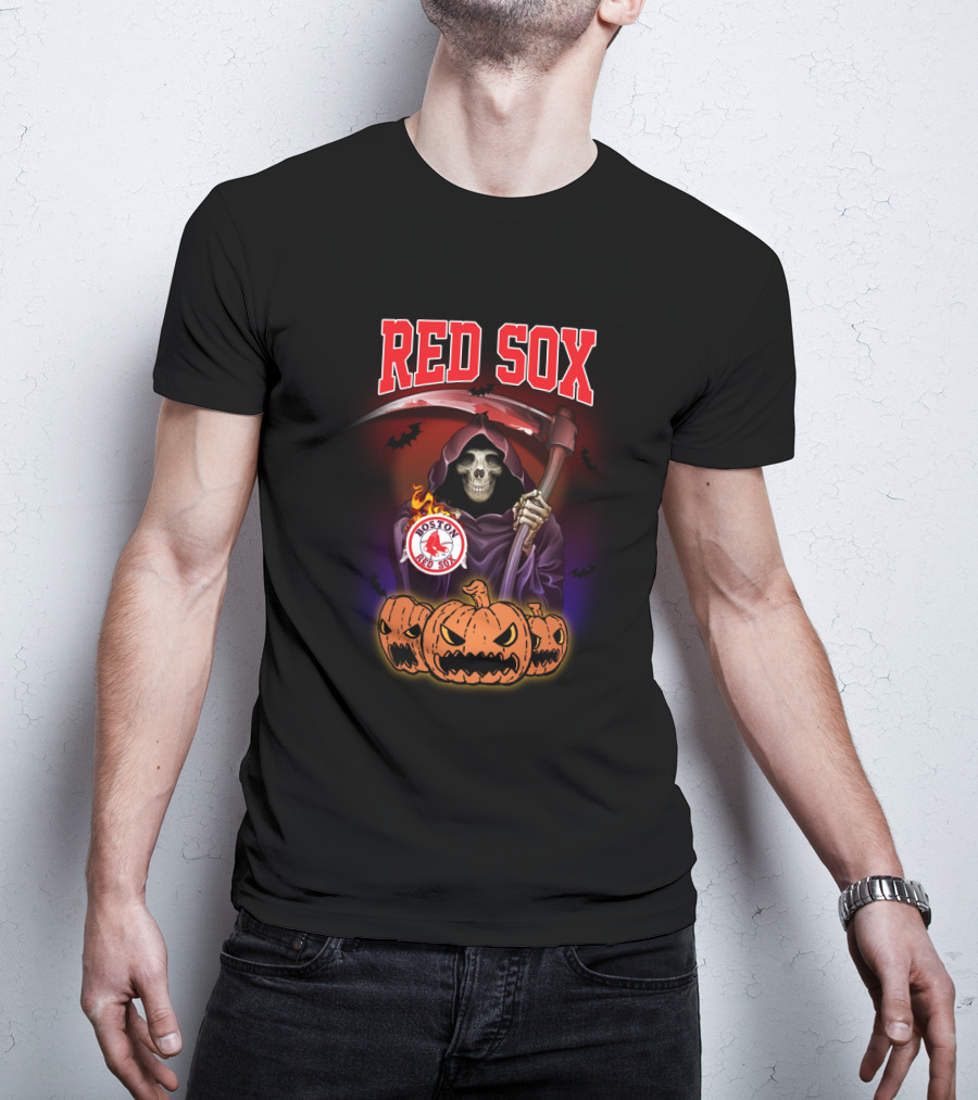 Boston Red Sox Reaper With Scythe And Halloween Pumpkins T-Shirt