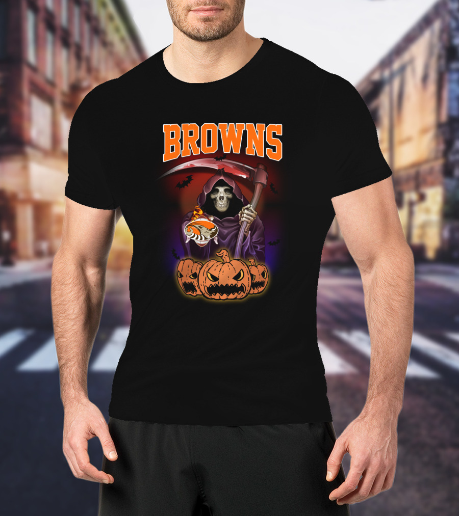 Cleveland Browns Reaper With Scythe And Pumpkins T-Shirt