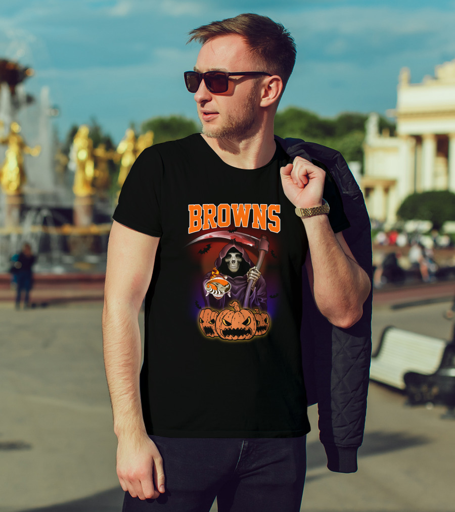 Cleveland Browns Reaper With Scythe And Pumpkins T-Shirt