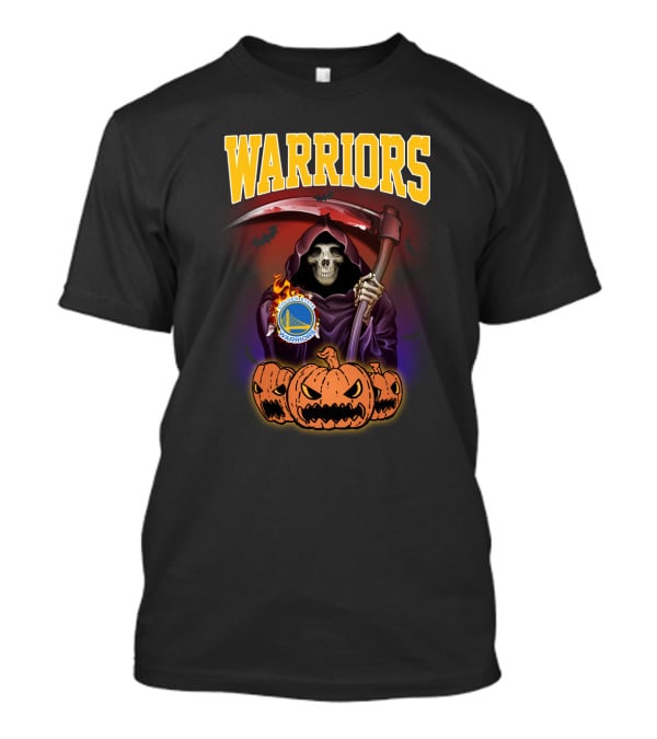 Warriors Grim Reaper Halloween With Golden State Warriors Logo And Pumpkins T-Shirt