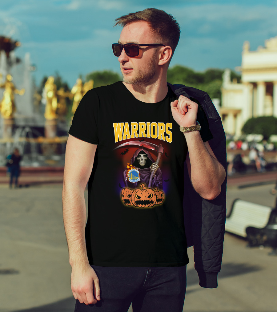 Warriors Grim Reaper Halloween With Golden State Warriors Logo And Pumpkins T-Shirt