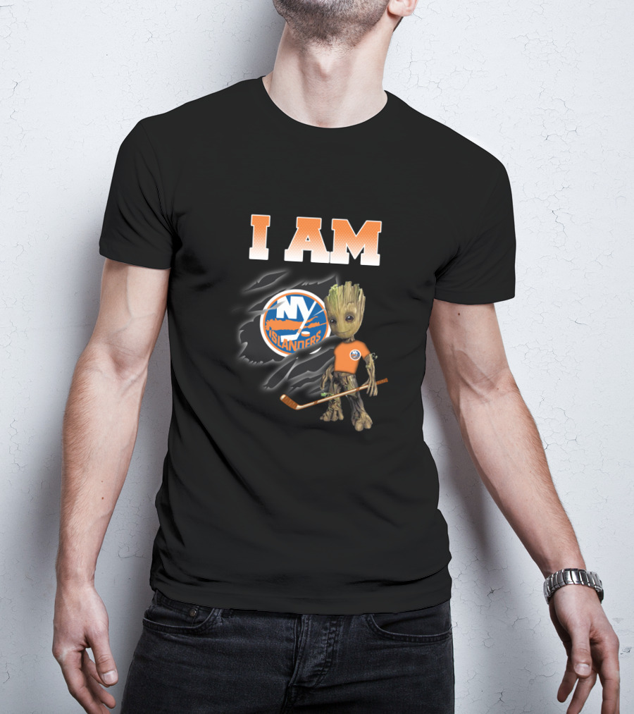 I Am New York Islanders Groot Fan With Hockey Stick T-Shirt