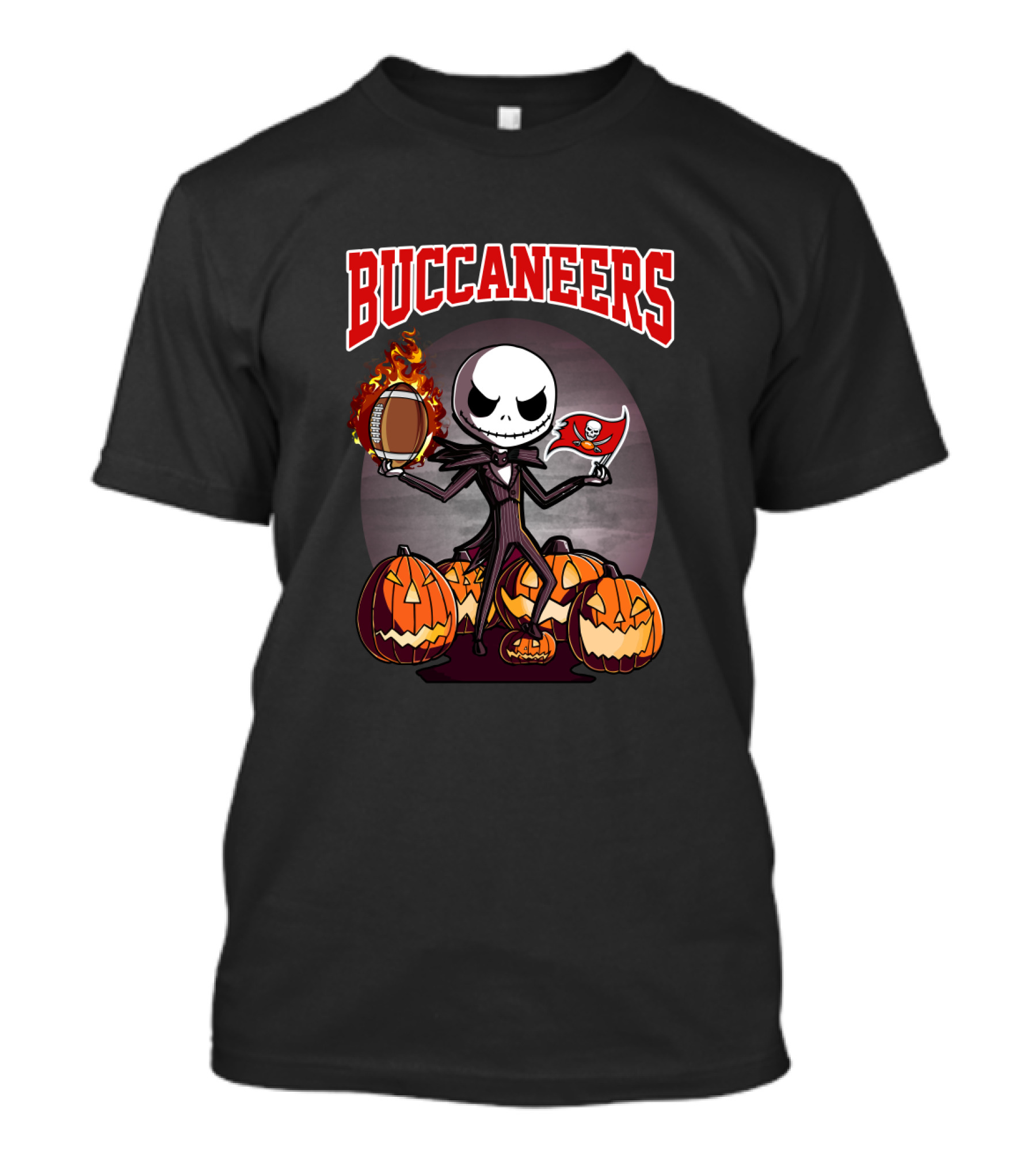 Jack Skellington Buccaneers Halloween With Flaming Football And Pirate Flag T-Shirt