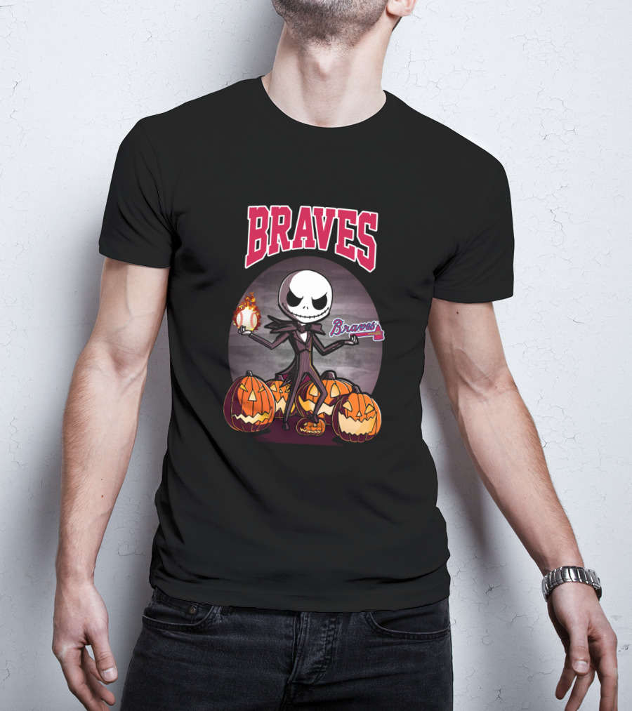 Braves Jack Skellington Halloween Pumpkins With Flaming Baseball T-Shirt