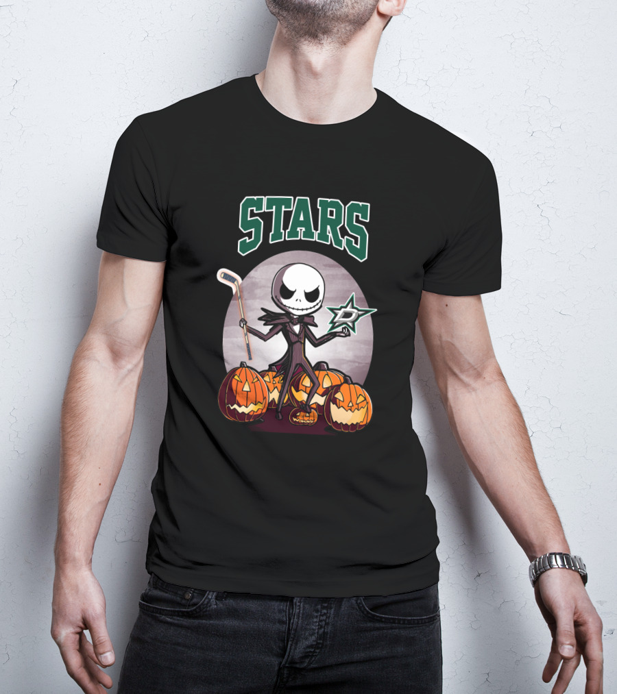 Dallas Stars Halloween Jack Skellington With Hockey Stick And Pumpkins T-Shirt