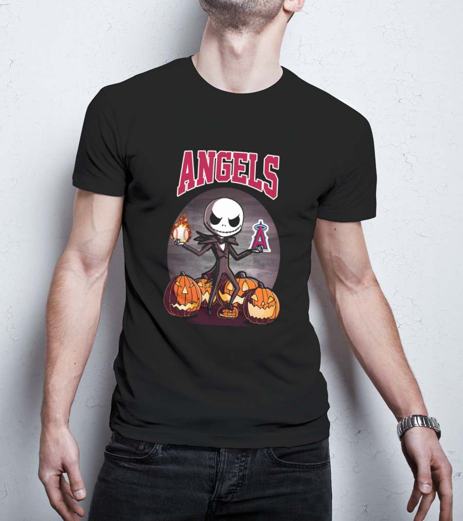 Jack Skellington Halloween Los Angeles Angels Pumpkins With Baseball And Halo T-Shirt