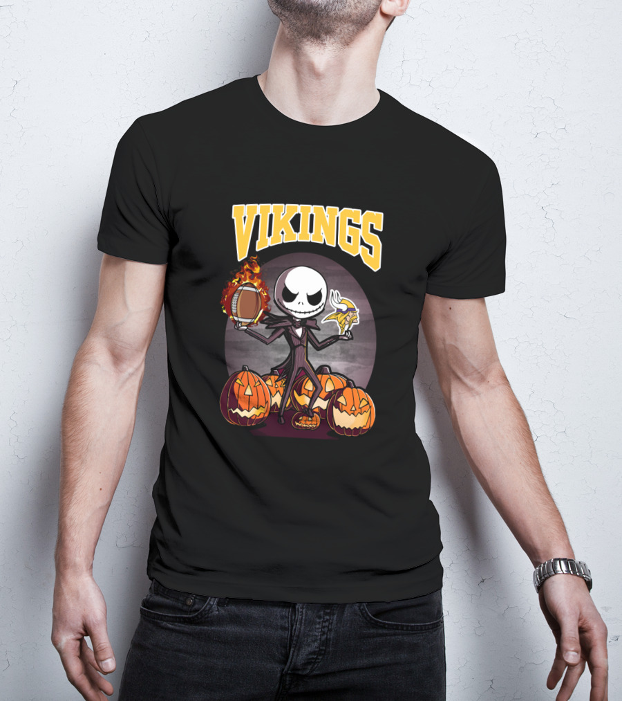 Jack Skellington Halloween Minnesota Vikings Football And Pumpkins T-Shirt