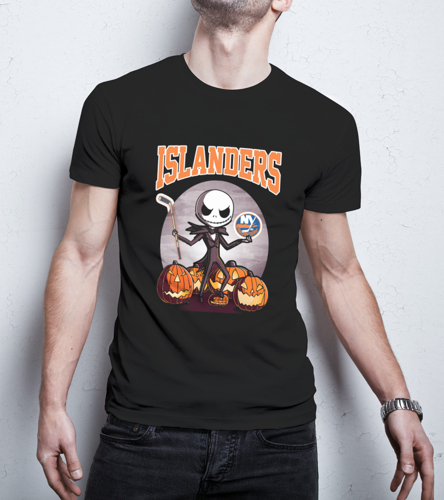 Jack Skellington Halloween New York Islanders Hockey Pumpkins T-Shirt